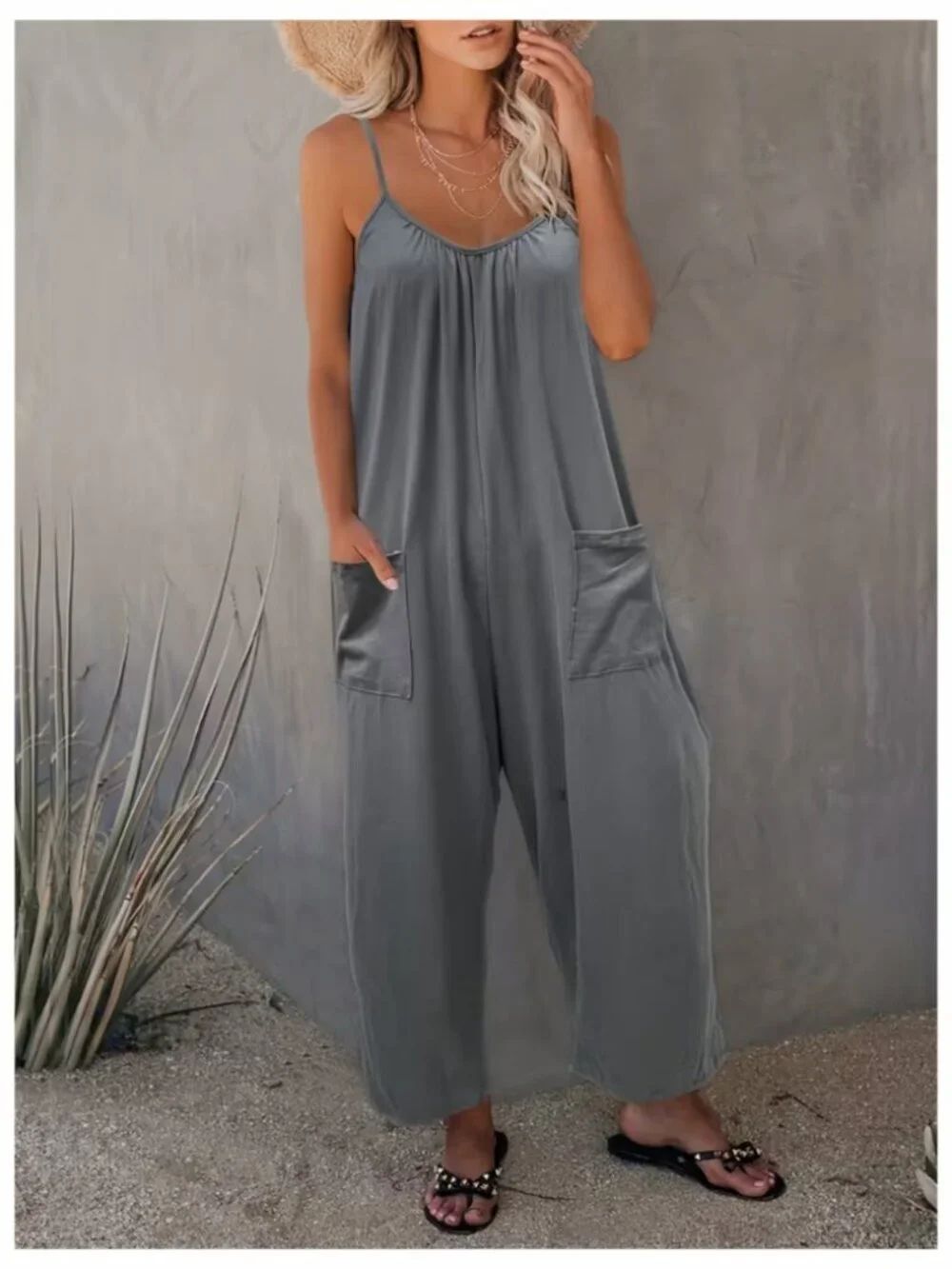 NWT Boutique Wide Leg Cami Jumpsuit Gray 14 Loose Overalls Boho Romper